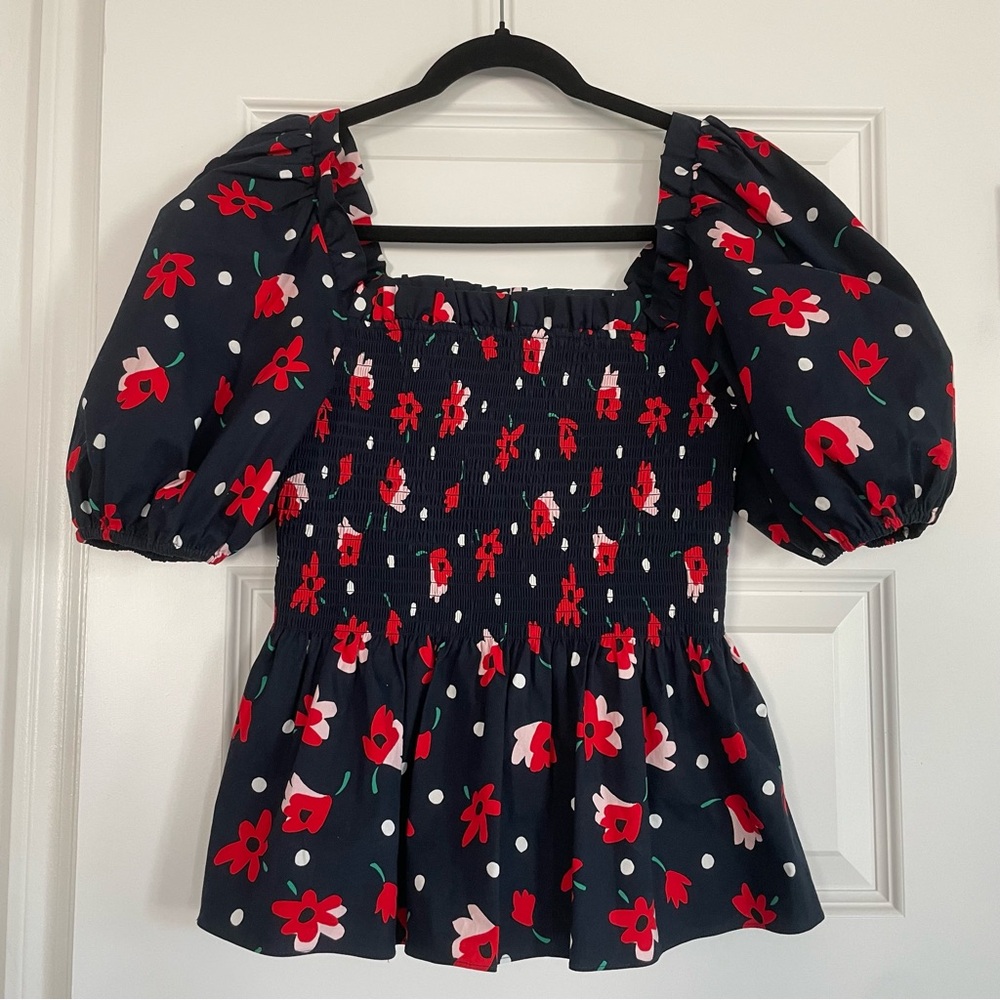 Kate Spade Whimsy Navy and Red Floral Smoked Cotton Poplin Top Small